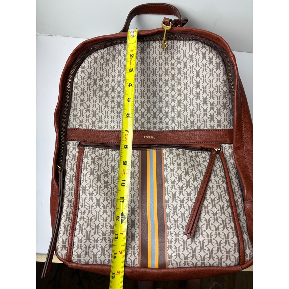 Fossil Tess Laptop Backpack Brown Leather Monogram Stripe Womens - Picture 8 of 10